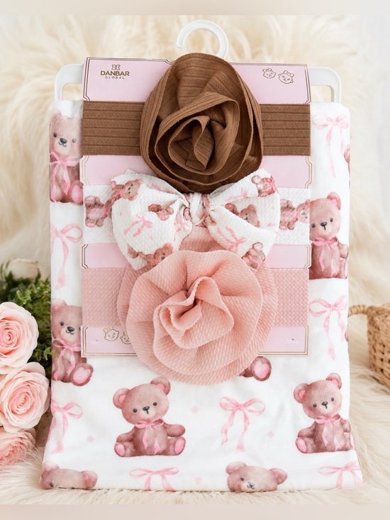 Unbranded Other - New‼️ Baby 🧸 Teddy Bear Swaddle Blanket & Headband 4 pc Gift Set NWT